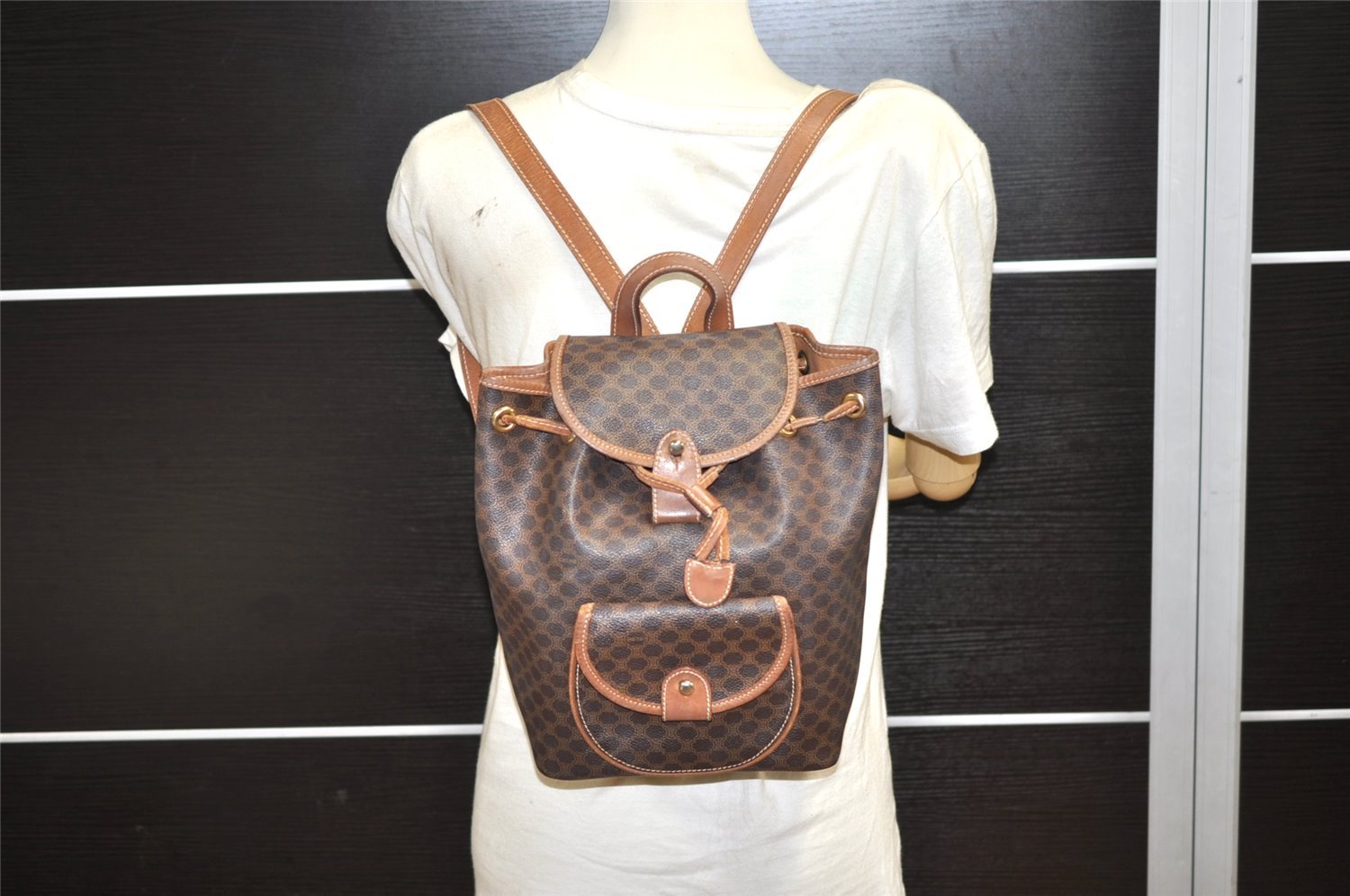 Authentic CELINE Macadam Blason Drawstring Backpack PVC Leather Brown 5064K