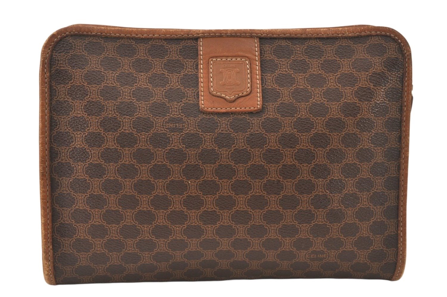 Authentic CELINE Macadam Blason Pattern Clutch Hand Bag PVC Leather Brown 5065K