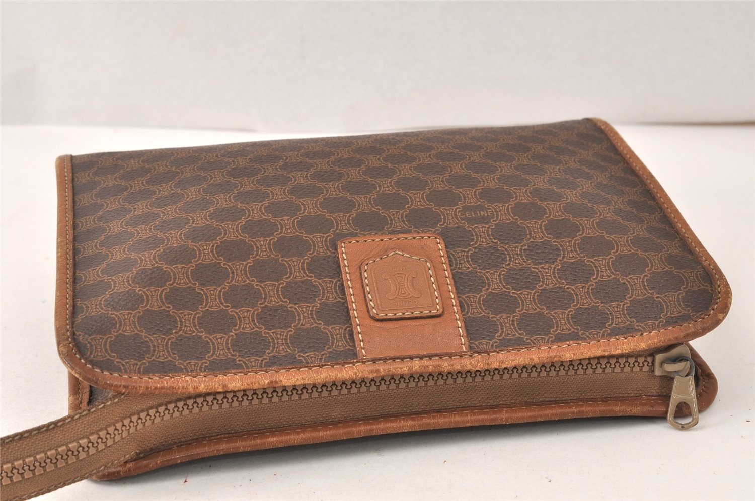 Authentic CELINE Macadam Blason Pattern Clutch Hand Bag PVC Leather Brown 5065K