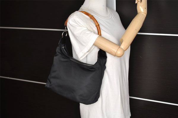 Authentic GUCCI Vintage Bamboo Shoulder Hand Bag Purse Nylon Leather Black 5067K