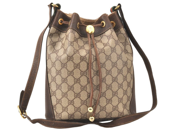 Authentic GUCCI Web Sherry Line Drawstring Bag GG PVC Leather Brown Junk 5068K