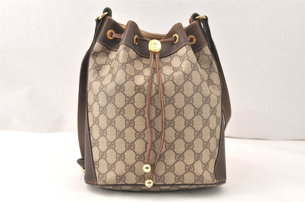 Authentic GUCCI Web Sherry Line Drawstring Bag GG PVC Leather Brown Junk 5068K