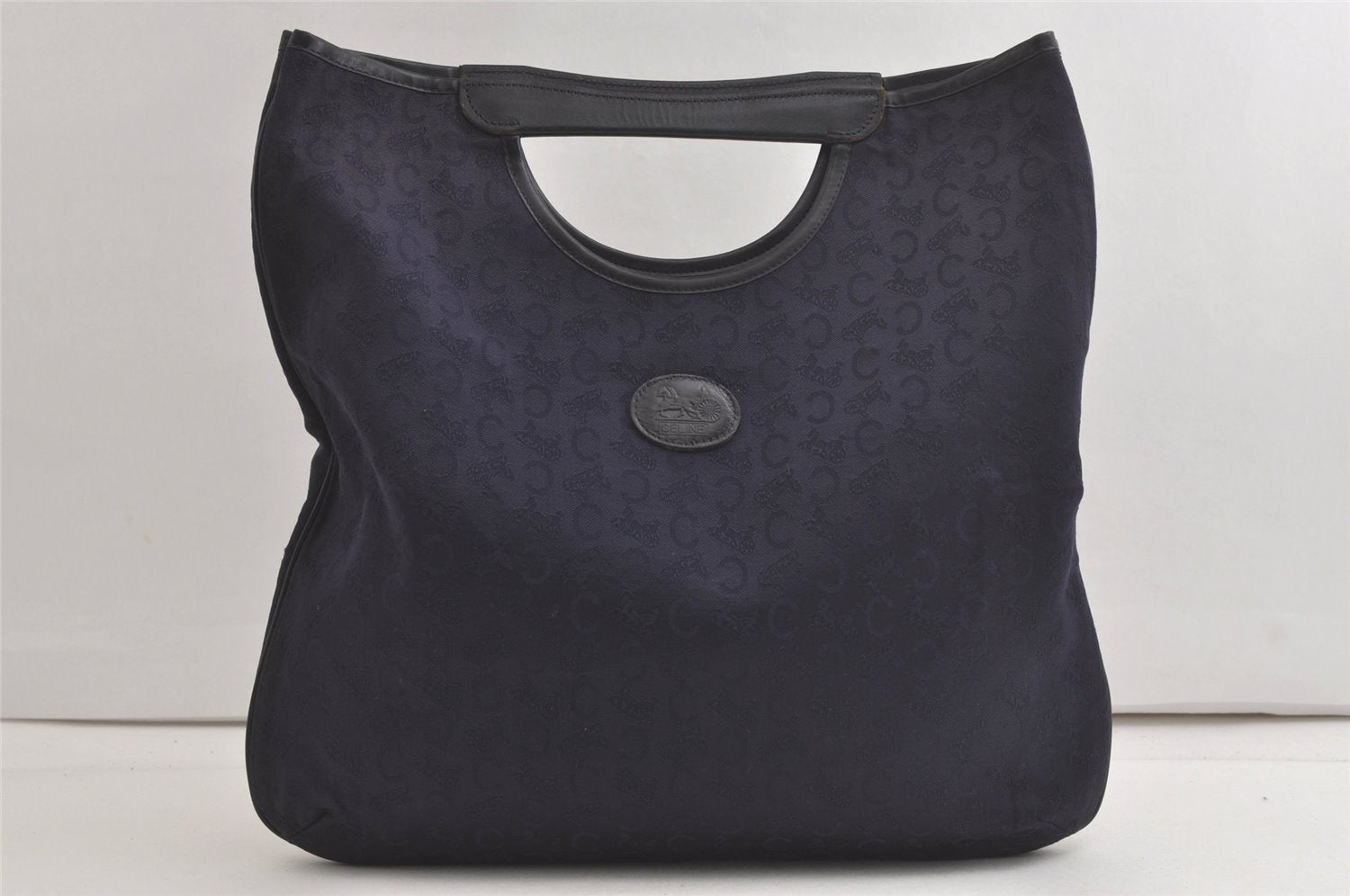 Authentic CELINE C Macadam Blason Tote Hand Bag Canvas Leather Navy Blue 5072K