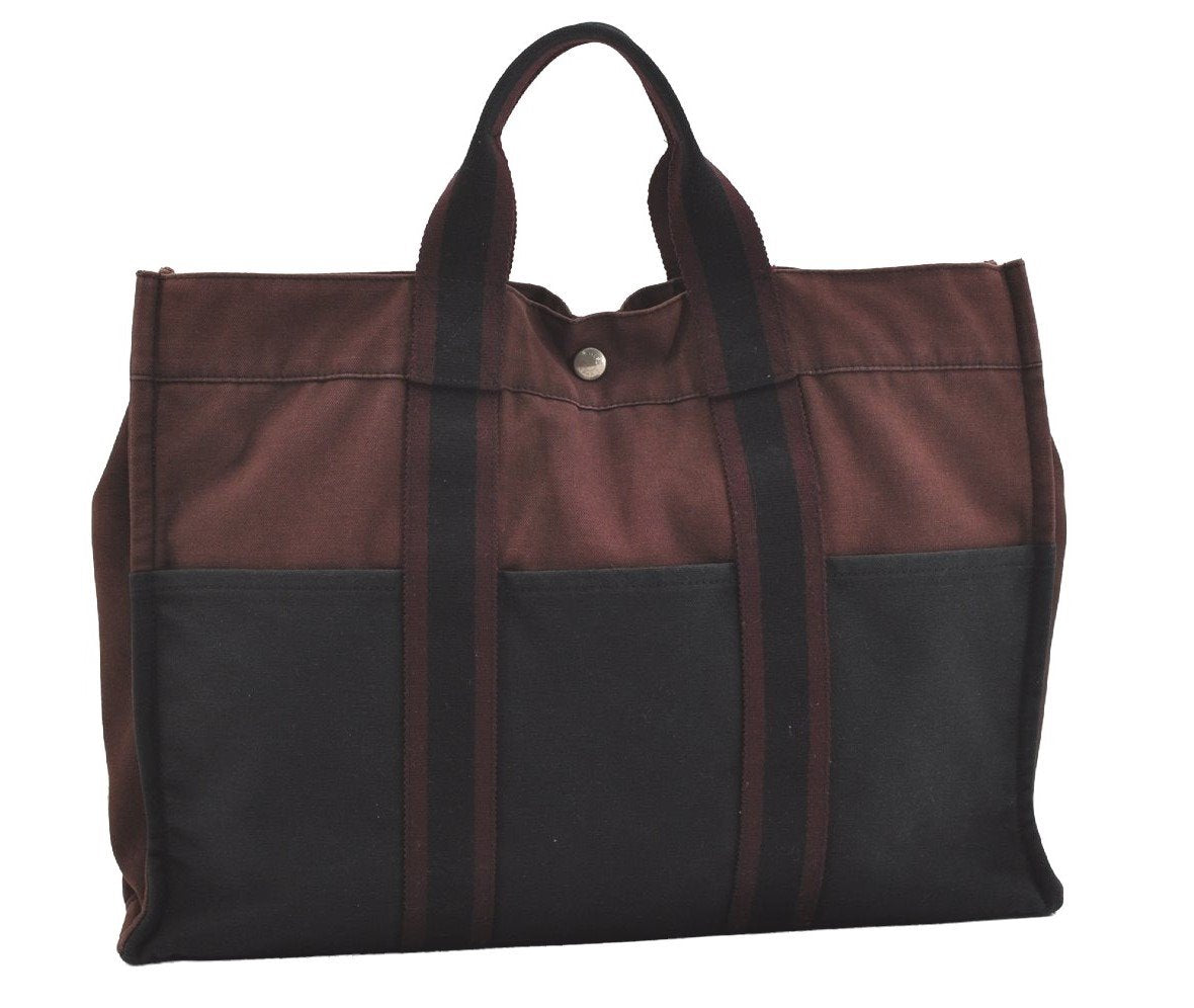 Authentic HERMES Fourre Tout MM Hand Tote Bag Canvas Black Bordeaux 5075J