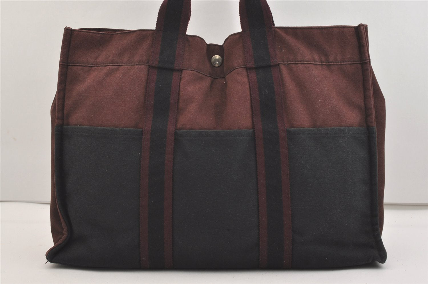Authentic HERMES Fourre Tout MM Hand Tote Bag Canvas Black Bordeaux 5075J