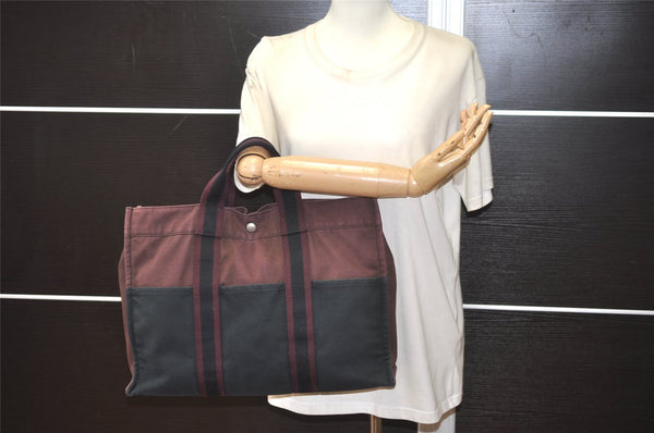 Authentic HERMES Fourre Tout MM Hand Tote Bag Canvas Black Bordeaux 5075J