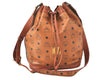 Authentic MCM Visetos Leather Shoulder Cross Body Drawstring Bag Brown 5077K