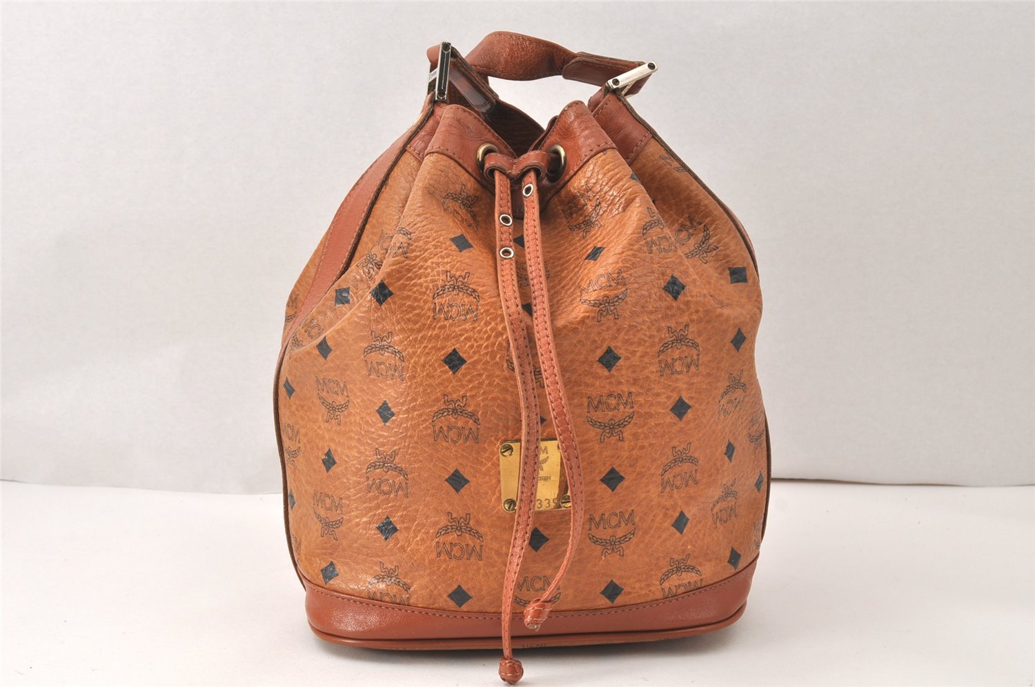 Authentic MCM Visetos Leather Shoulder Cross Body Drawstring Bag Brown 5077K