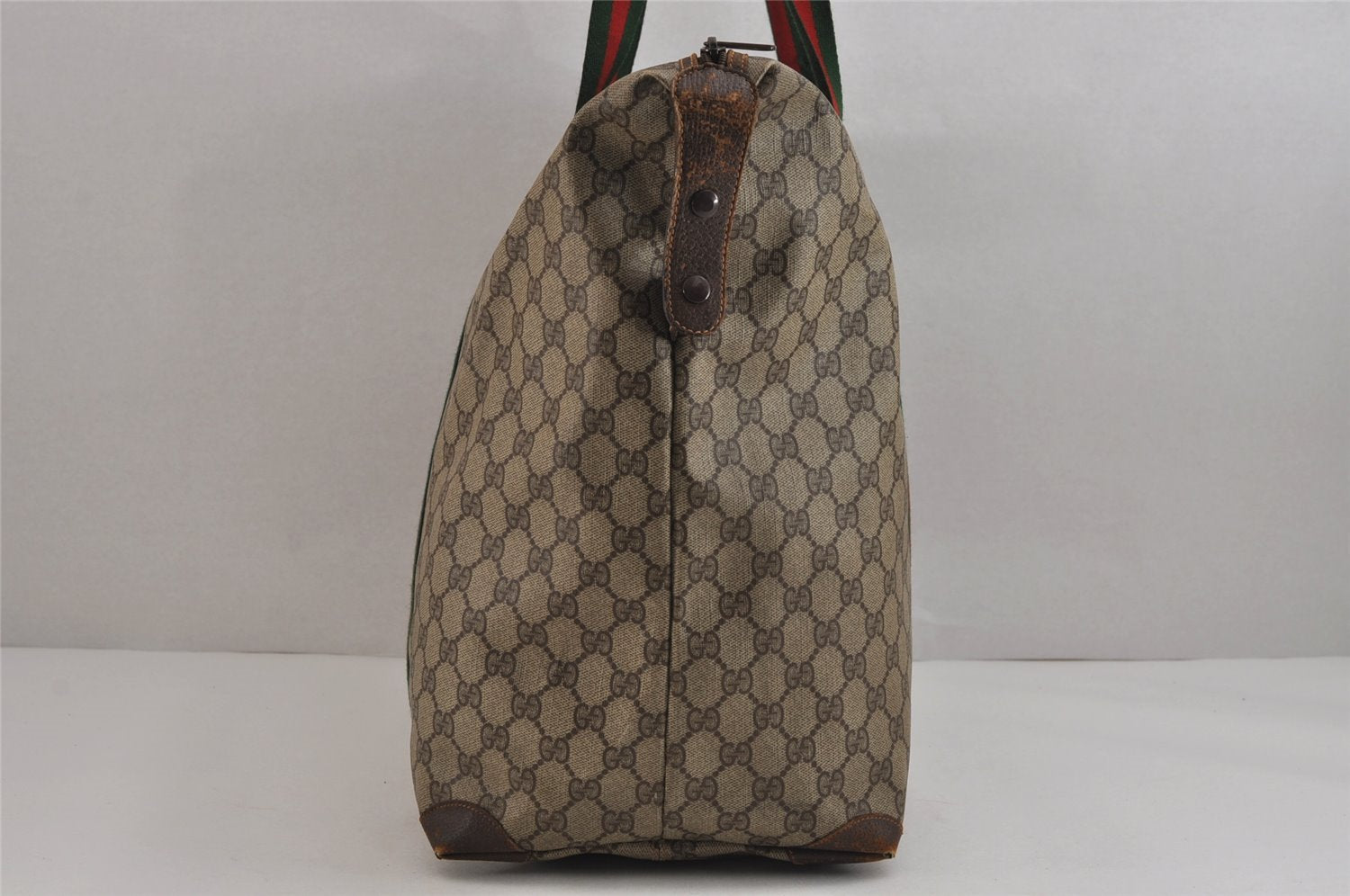 Authentic GUCCI Web Sherry Line Travel Boston Bag GG PVC Leather Brown 5079J