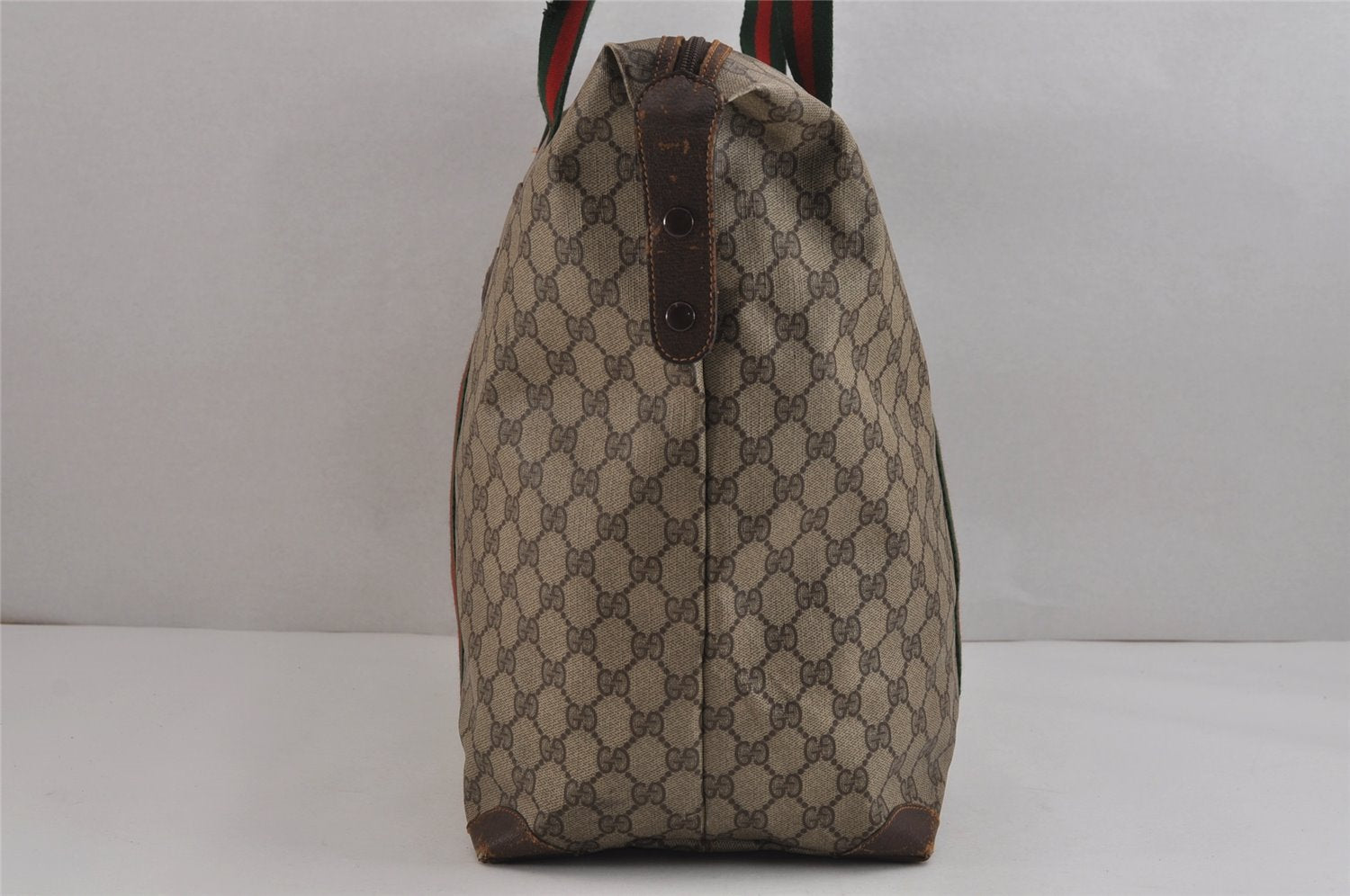 Authentic GUCCI Web Sherry Line Travel Boston Bag GG PVC Leather Brown 5079J