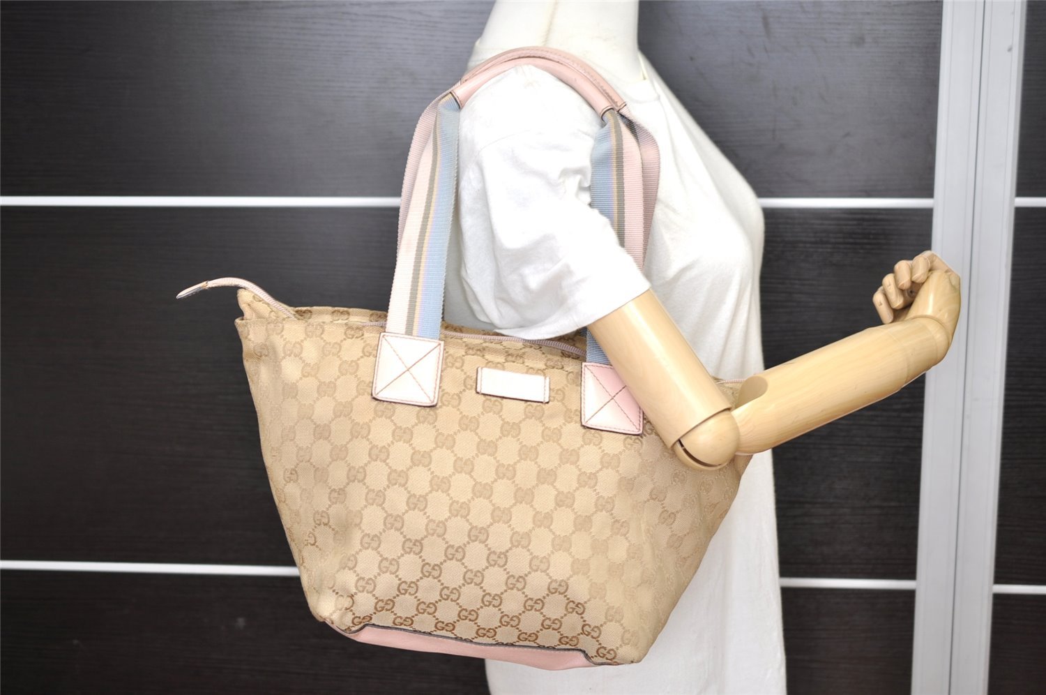 Authentic GUCCI VIntage Shoulder Tote Bag GG Canvas Leather 131230 Beige 5082K