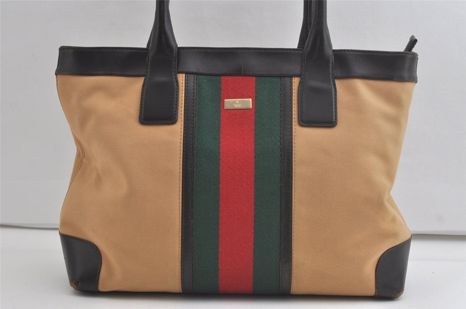 Authentic GUCCI Web Sherry Line Tote Bag Canvas Leather 0021119 Beige 5083K