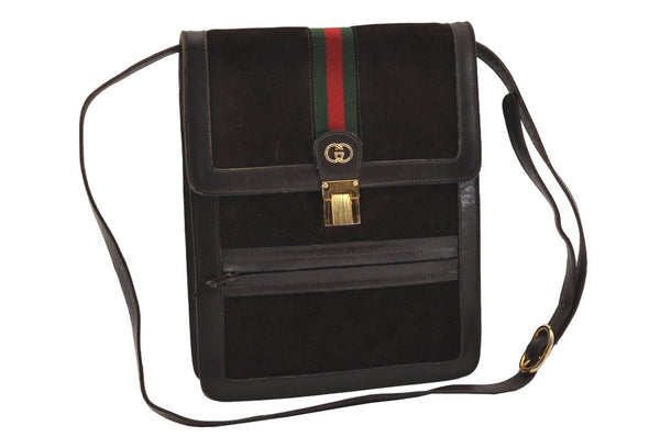 Authentic GUCCI Web Sherry Line Shoulder Cross Bag Suede Leather Brown 5084J