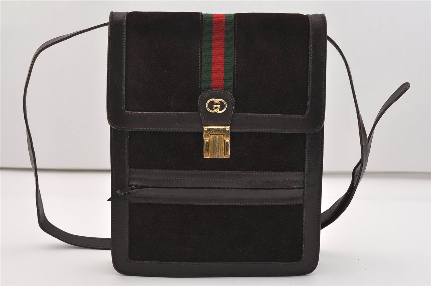 Authentic GUCCI Web Sherry Line Shoulder Cross Bag Suede Leather Brown 5084J