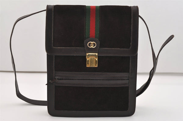 Authentic GUCCI Web Sherry Line Shoulder Cross Bag Suede Leather Brown 5084J
