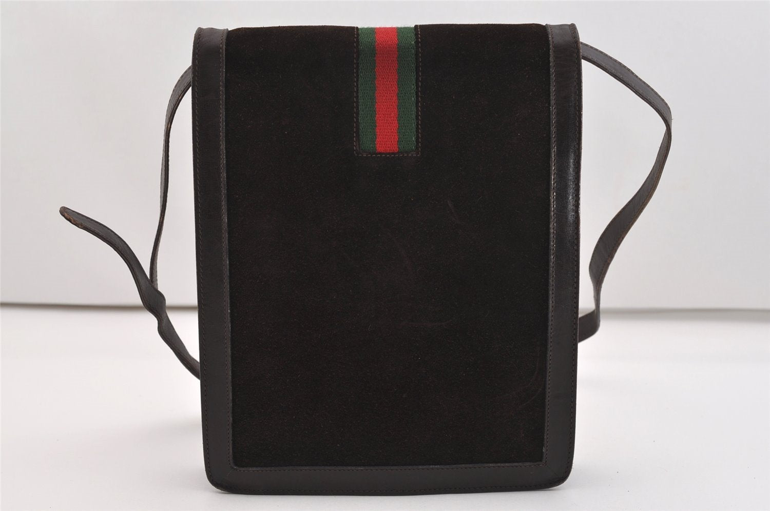 Authentic GUCCI Web Sherry Line Shoulder Cross Bag Suede Leather Brown 5084J