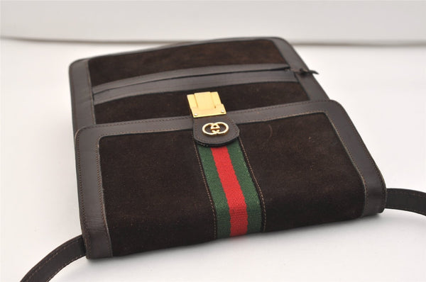 Authentic GUCCI Web Sherry Line Shoulder Cross Bag Suede Leather Brown 5084J