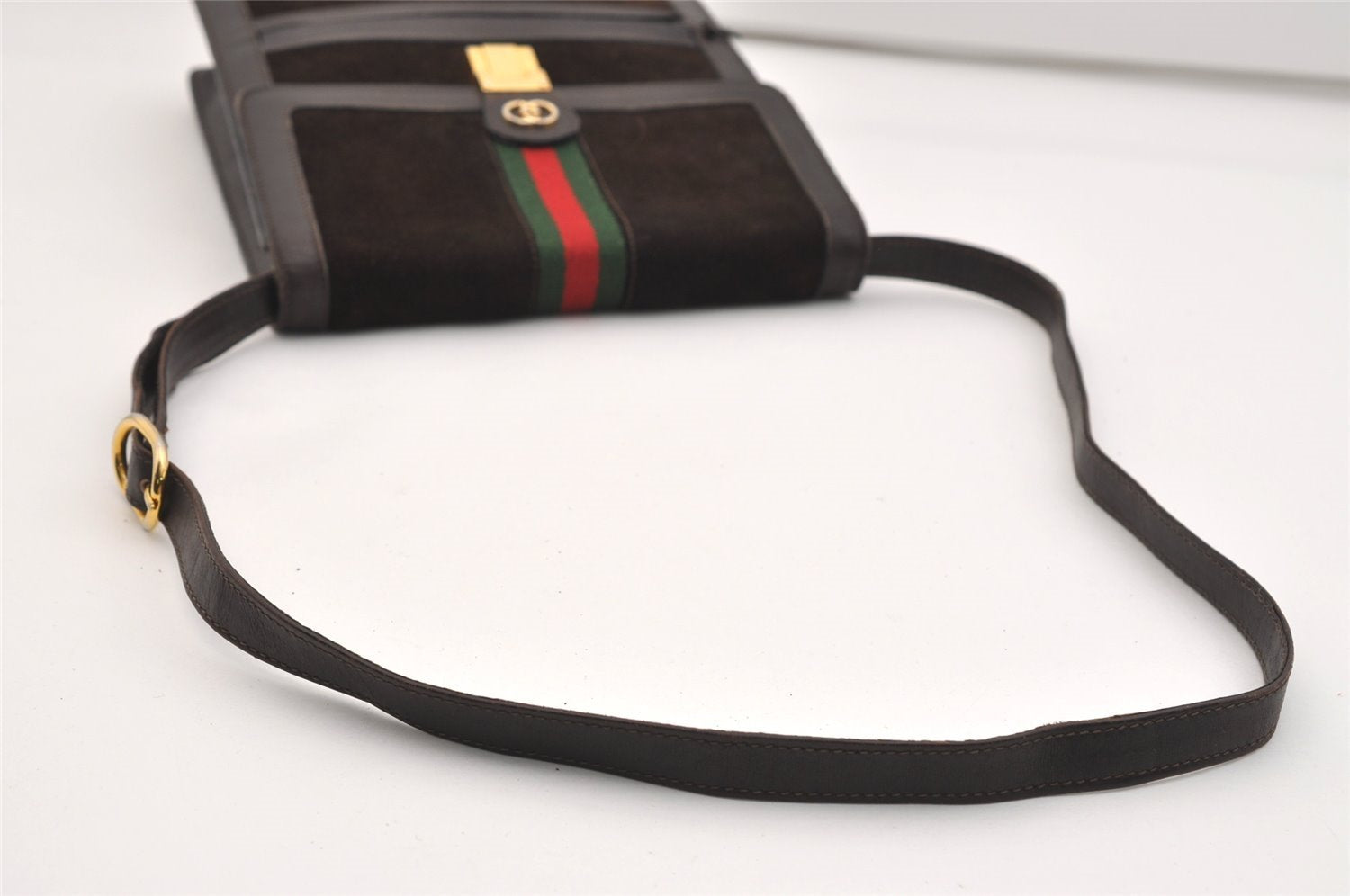 Authentic GUCCI Web Sherry Line Shoulder Cross Bag Suede Leather Brown 5084J