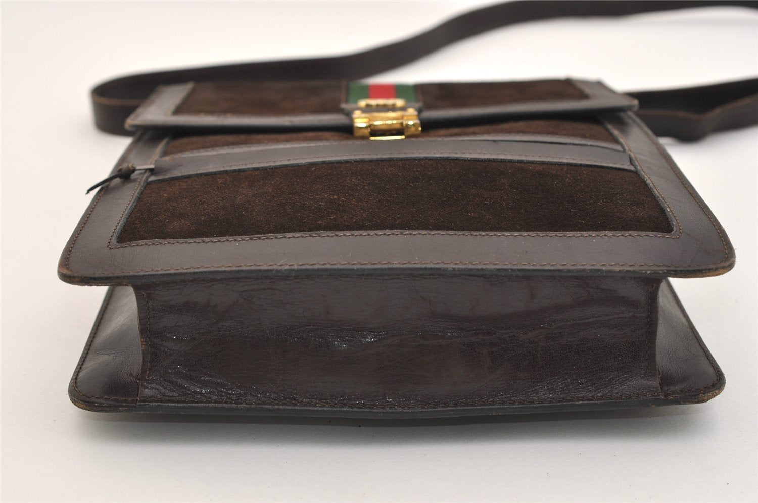 Authentic GUCCI Web Sherry Line Shoulder Cross Bag Suede Leather Brown 5084J