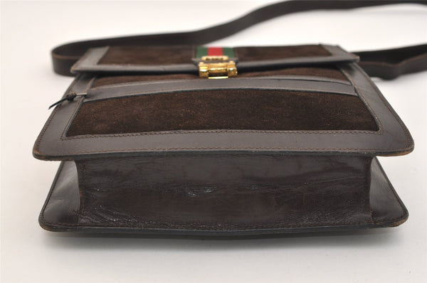 Authentic GUCCI Web Sherry Line Shoulder Cross Bag Suede Leather Brown 5084J