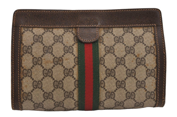 Authentic GUCCI Web Sherry Line Clutch Hand Bag Purse GG PVC Leather Brown 5085J