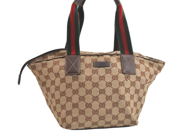 Authentic GUCCI Web Sherry Line Tote Bag GG Canvas Leather 131228 Brown 5085K