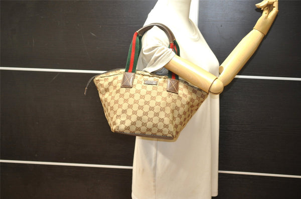 Authentic GUCCI Web Sherry Line Tote Bag GG Canvas Leather 131228 Brown 5085K