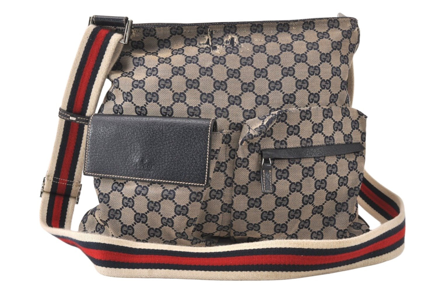 Authentic GUCCI Sherry Line Shoulder Bag GG Canvas Leather 169937 Navy 5087K