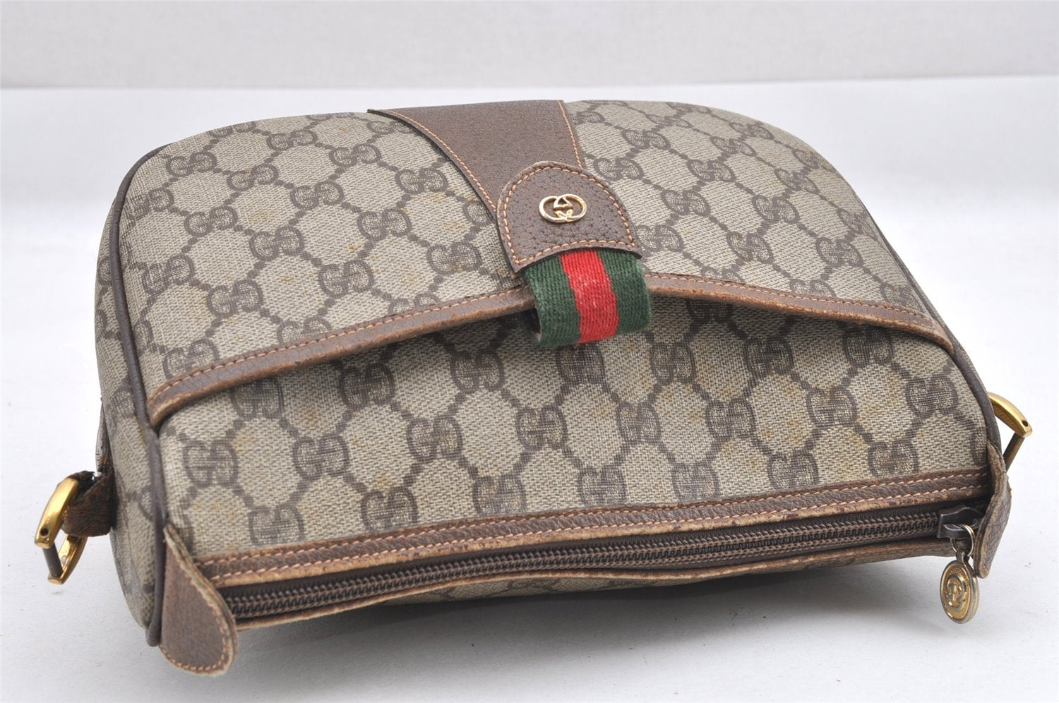 Authentic GUCCI Web Sherry Line Shoulder Bag GG PVC Leather Brown Junk 5098J