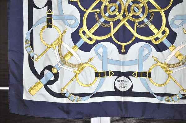 Authentic HERMES Carre 90 Scarf "Eperon d' or" Silk Navy 5101J