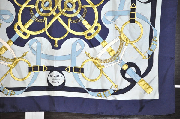 Authentic HERMES Carre 90 Scarf "Eperon d' or" Silk Navy 5101J