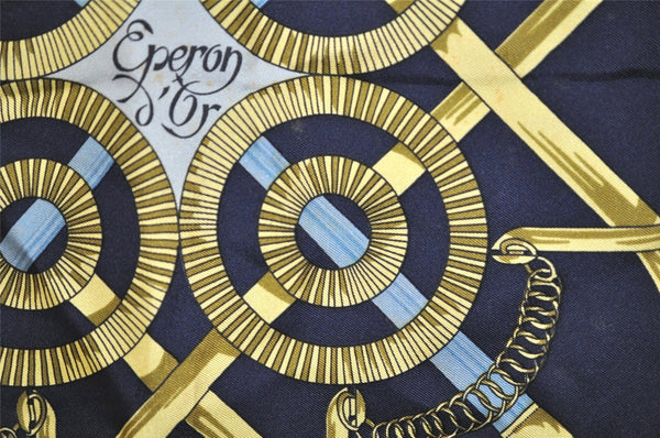 Authentic HERMES Carre 90 Scarf "Eperon d' or" Silk Navy 5101J