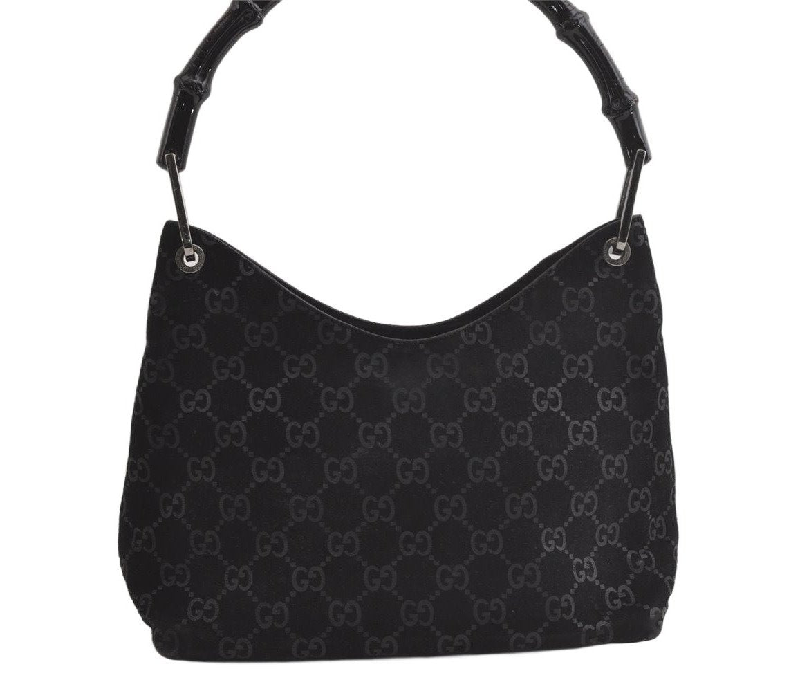 Authentic GUCCI Vintage Bamboo Shoulder Hand Bag Purse Suede Leather Black 5106K