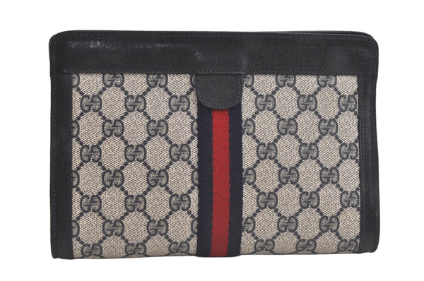 Authentic GUCCI Sherry Line Clutch Hand Bag Purse GG PVC Leather Navy Blue 5107K