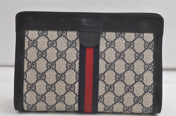 Authentic GUCCI Sherry Line Clutch Hand Bag Purse GG PVC Leather Navy Blue 5107K