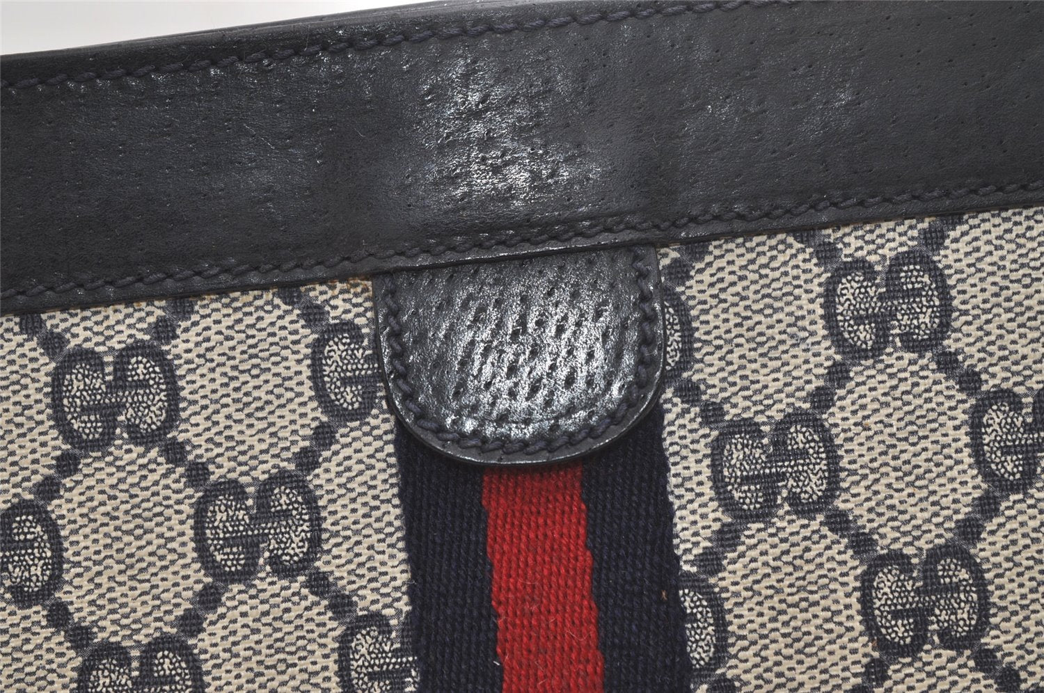 Authentic GUCCI Sherry Line Clutch Hand Bag Purse GG PVC Leather Navy Blue 5107K