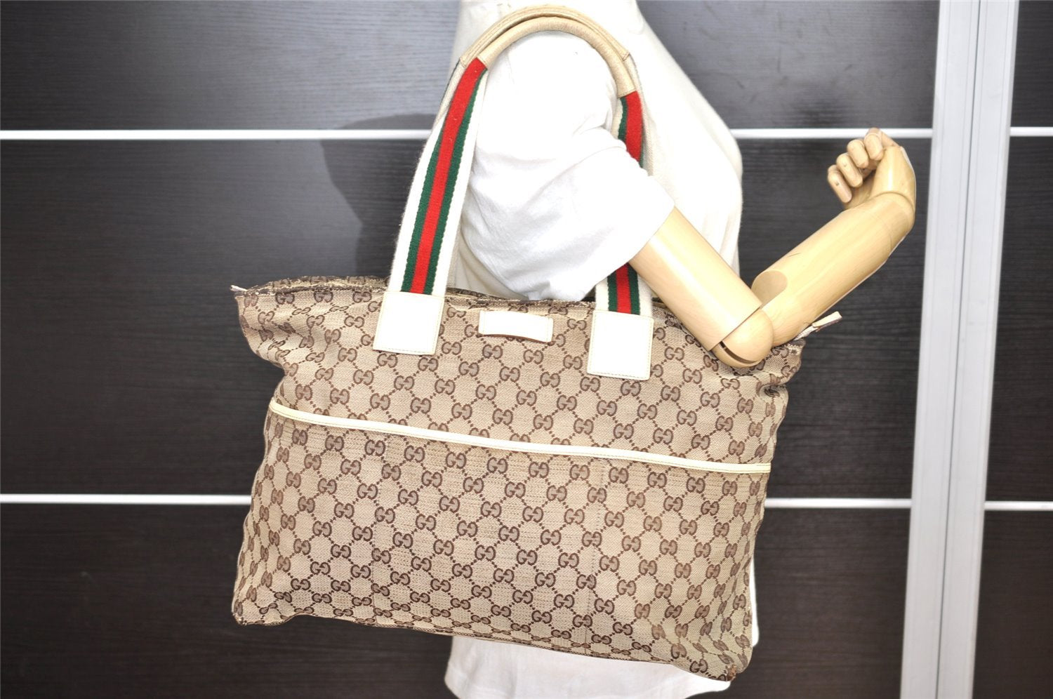 Auth GUCCI Web Sherry Line Tote Bag GG Canvas Leather 155524 Brown Junk 5108K