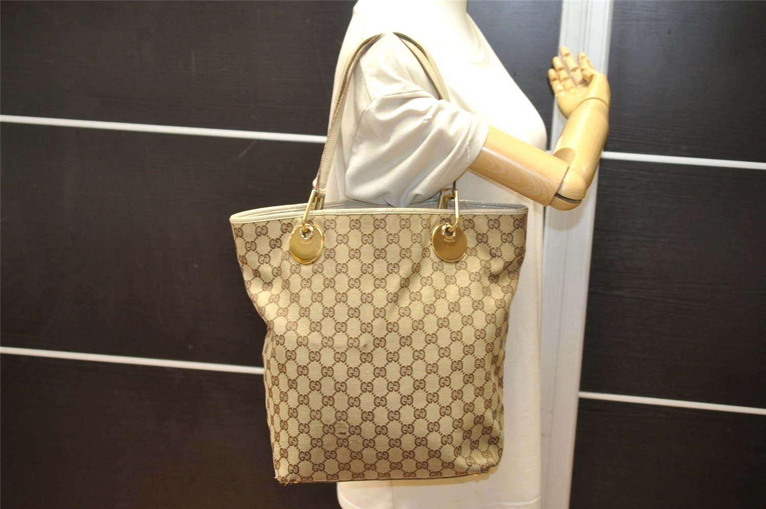 Authentic GUCCI Eclipse Shoulder Tote Bag GG Canvas Leather 120836 Brown 5110K