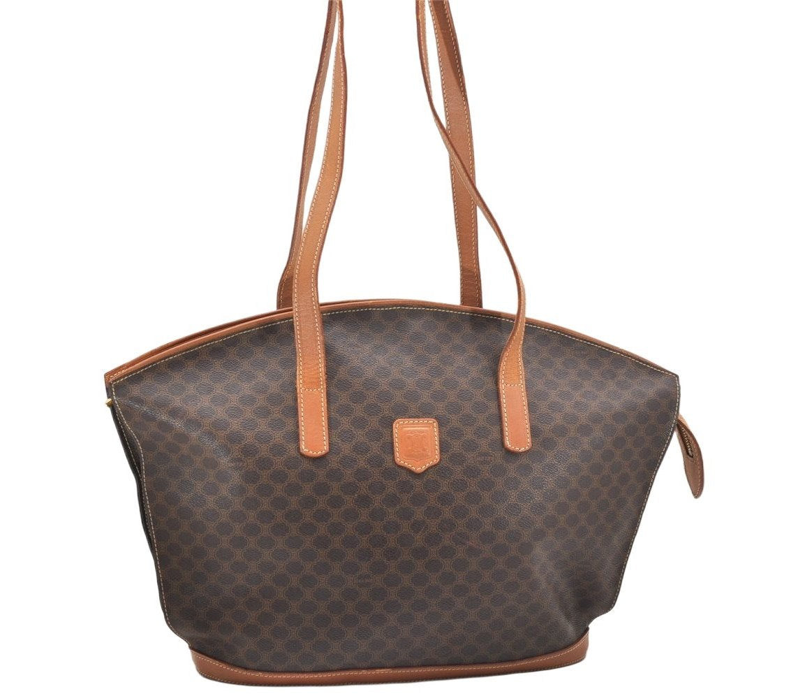 Authentic CELINE Macadam Blason Shoulder Tote Bag PVC Leather Brown 5112K