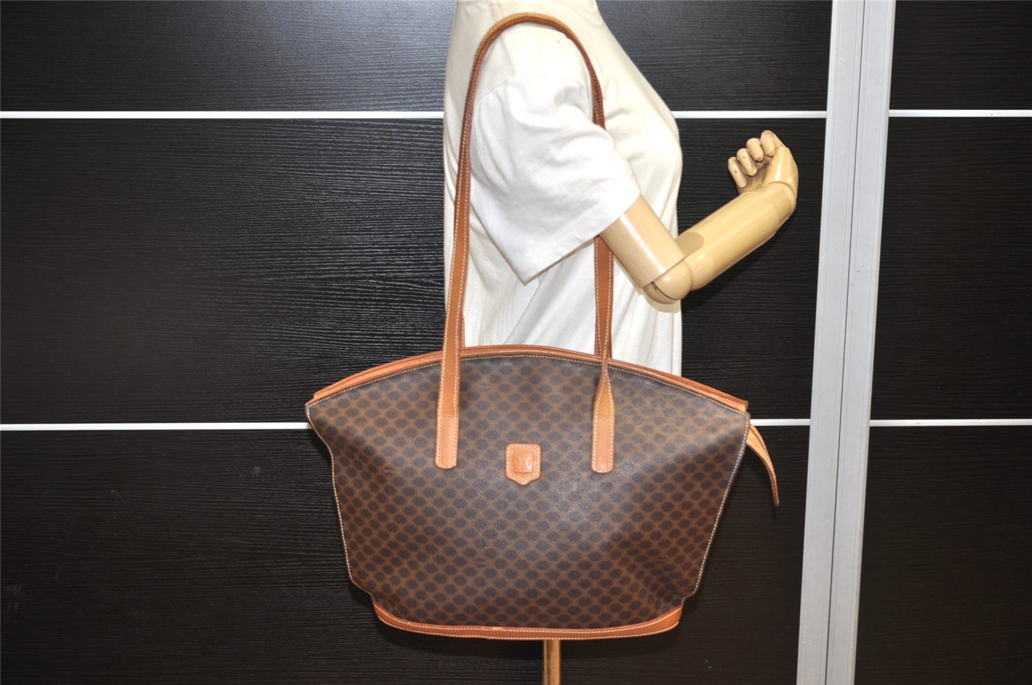 Authentic CELINE Macadam Blason Shoulder Tote Bag PVC Leather Brown 5112K