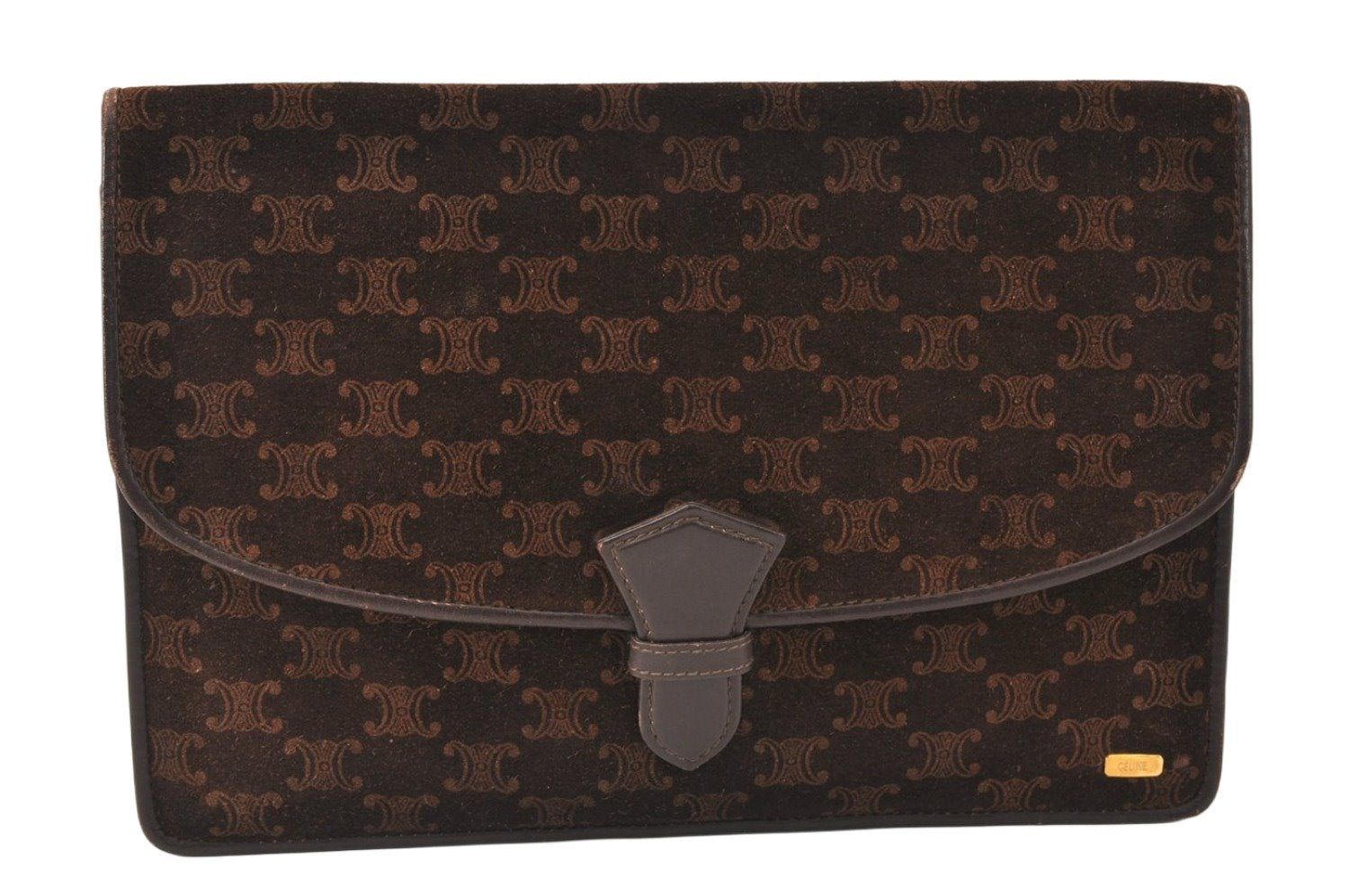 Authentic CELINE Macadam Blason Pattern Clutch Bag Suede Leather Brown 5113K