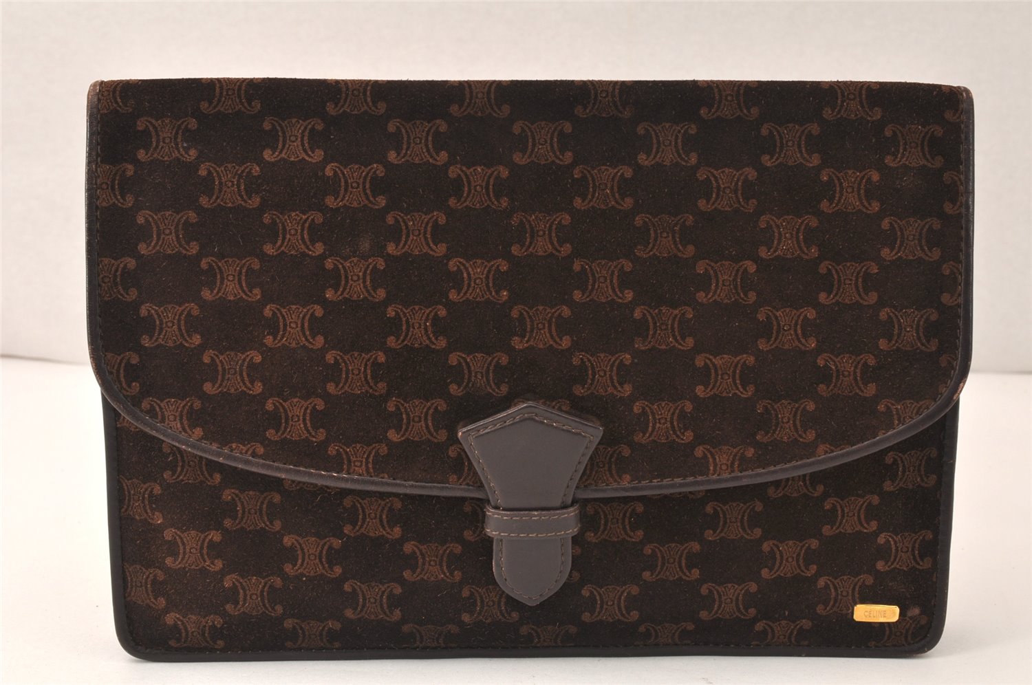 Authentic CELINE Macadam Blason Pattern Clutch Bag Suede Leather Brown 5113K