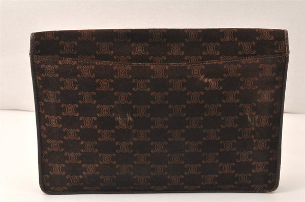 Authentic CELINE Macadam Blason Pattern Clutch Bag Suede Leather Brown 5113K