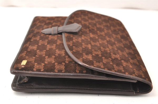Authentic CELINE Macadam Blason Pattern Clutch Bag Suede Leather Brown 5113K