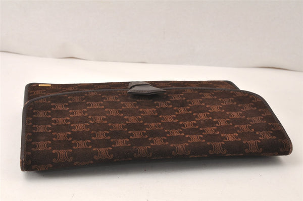 Authentic CELINE Macadam Blason Pattern Clutch Bag Suede Leather Brown 5113K