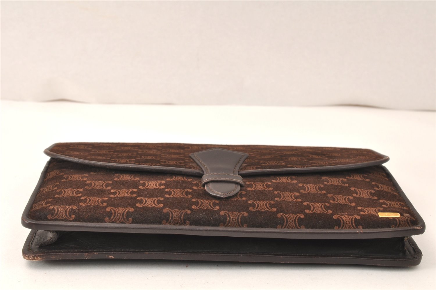 Authentic CELINE Macadam Blason Pattern Clutch Bag Suede Leather Brown 5113K