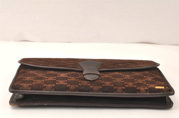 Authentic CELINE Macadam Blason Pattern Clutch Bag Suede Leather Brown 5113K