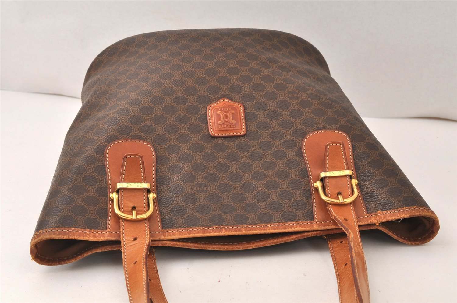 Authentic CELINE Macadam Blason Shoulder Hand Bag PVC Leather Brown 5114K