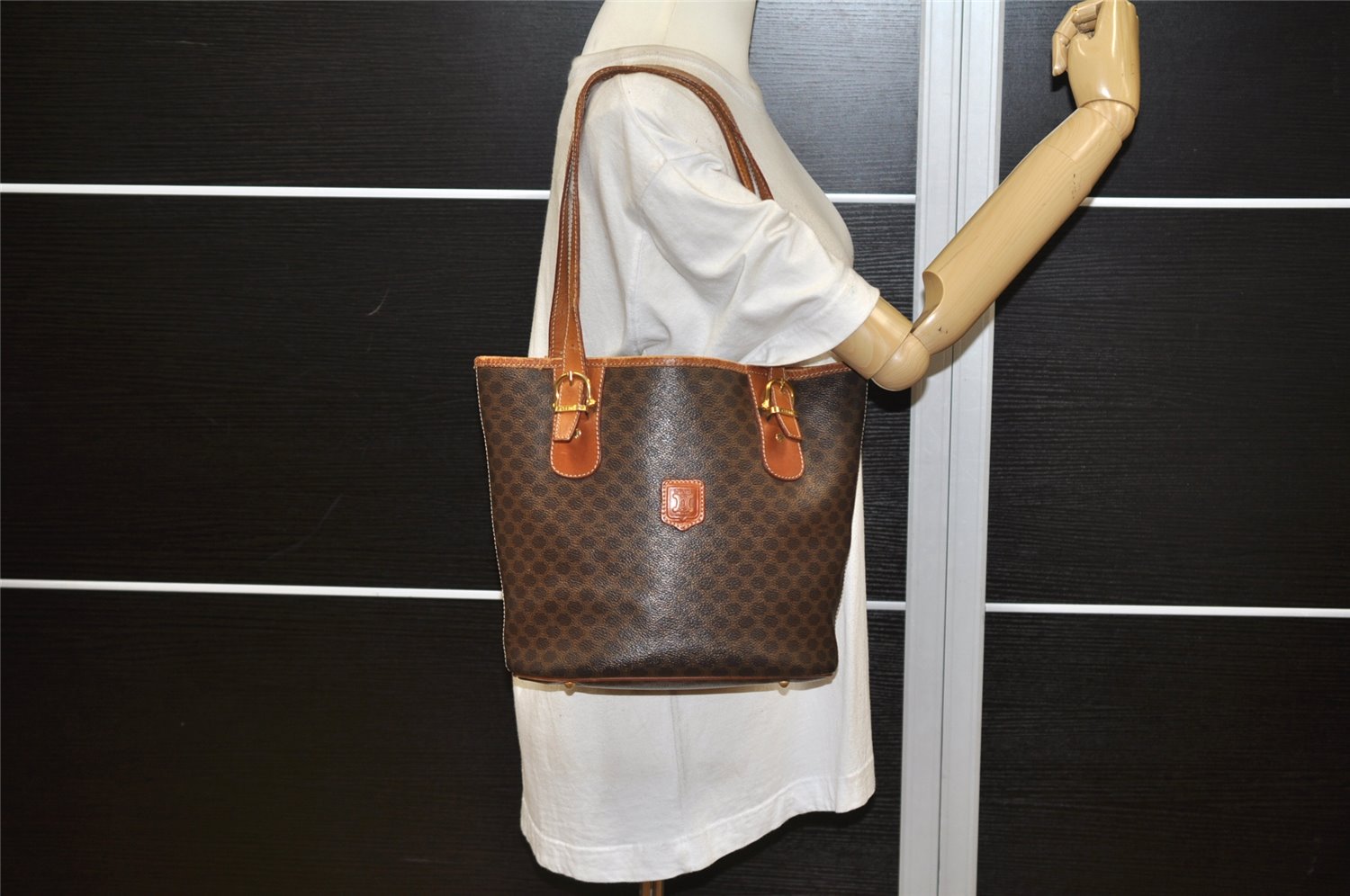 Authentic CELINE Macadam Blason Shoulder Hand Bag PVC Leather Brown 5114K