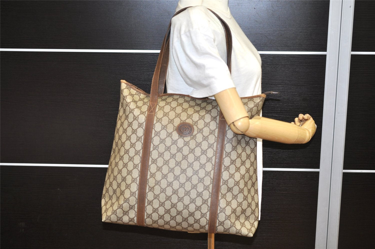 Authentic GUCCI Vintage Shoulder Tote Bag GG PVC Leather Brown 5115K
